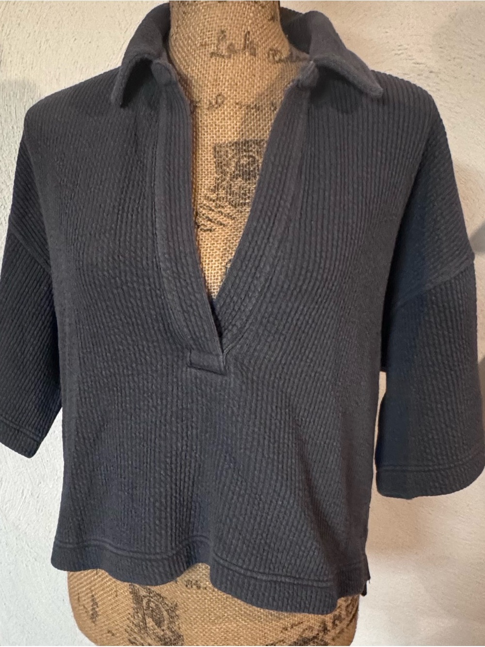aerie Black Waffle-Knit V-Neck Pullover